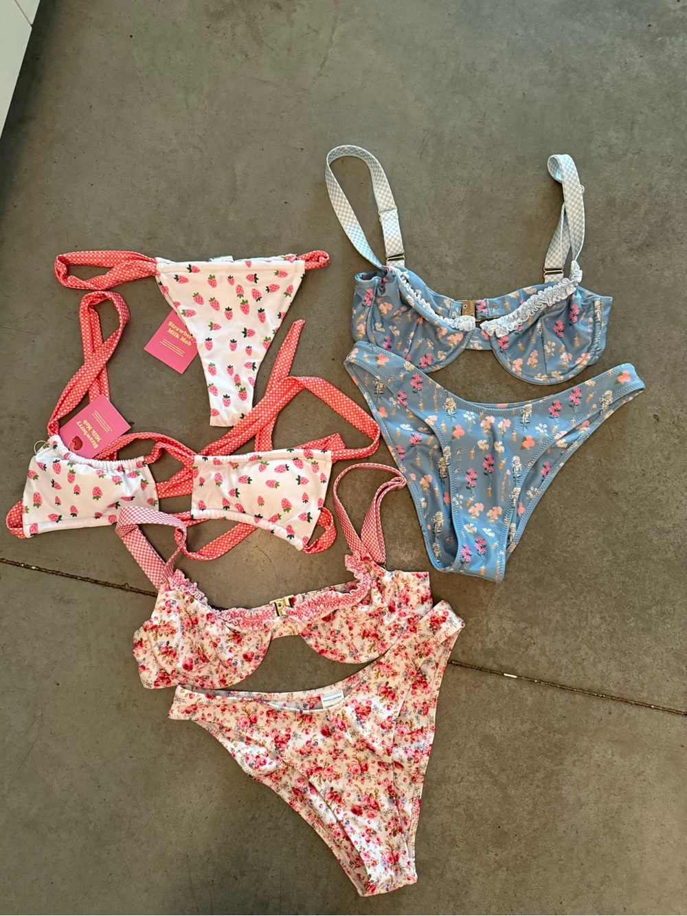 Strawberry Milk Mob Floral & Strawberry Print Bikini Set in Blue, Pink, White